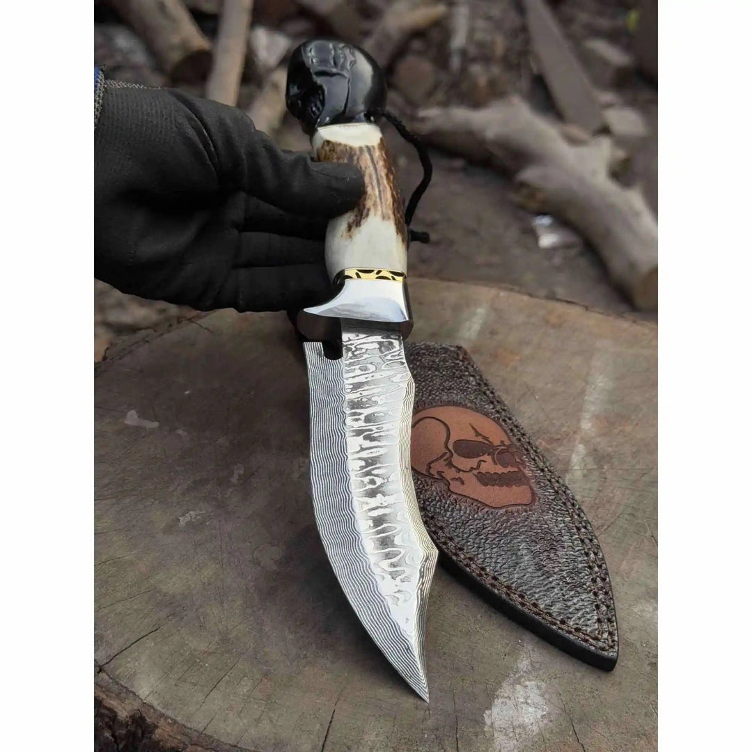 Handmade Damascus Hunting Knife with Stag Antler Handle &amp; Custom Leather Sheath handmade Damascus Bowie Knives by JW SteelCrafts