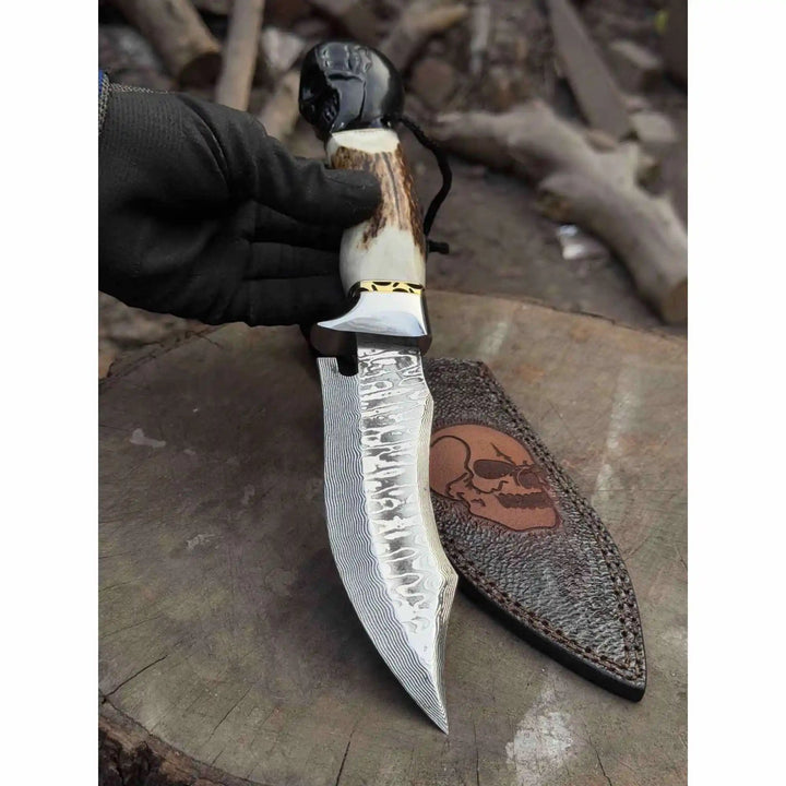Handmade Damascus Hunting Knife with Stag Antler Handle &amp; Custom Leather Sheath handmade Damascus Bowie Knives by JW SteelCrafts