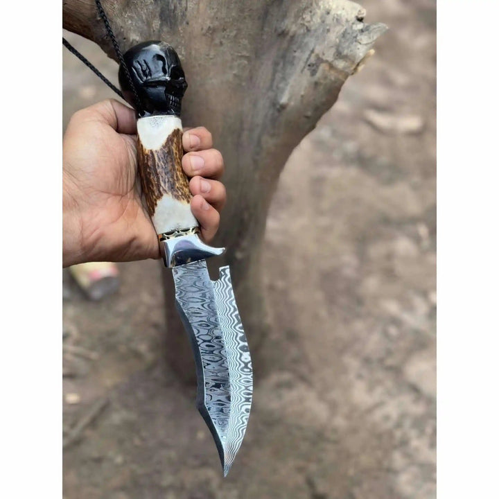 Handmade Damascus Hunting Knife with Stag Antler Handle &amp; Custom Leather Sheath handmade Damascus Bowie Knives by JW SteelCrafts