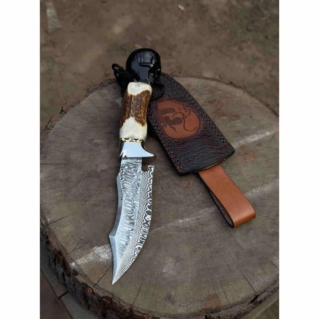 Handmade Damascus Hunting Knife with Stag Antler Handle &amp; Custom Leather Sheath handmade Damascus Bowie Knives by JW SteelCrafts