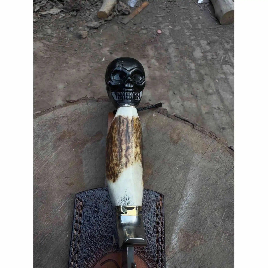 Handmade Damascus Hunting Knife with Stag Antler Handle &amp; Custom Leather Sheath handmade Damascus Bowie Knives by JW SteelCrafts