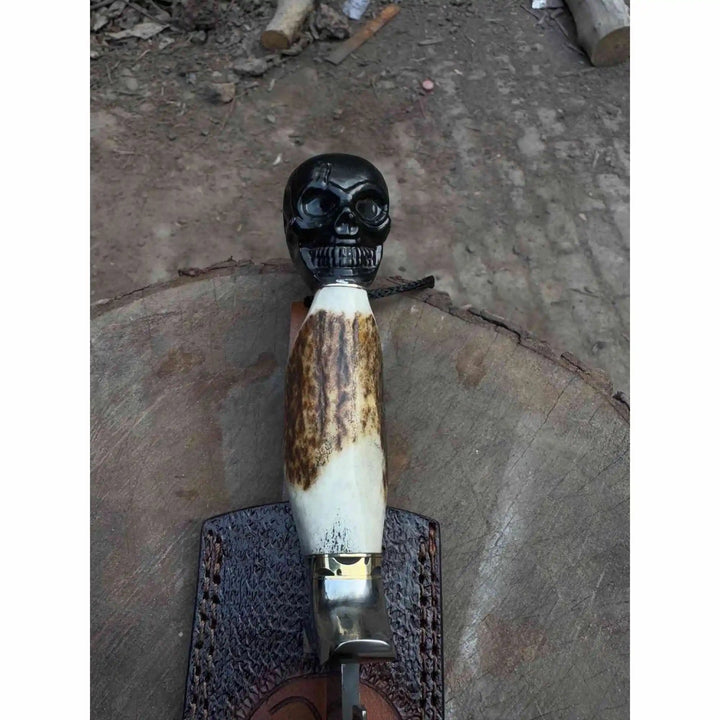 Handmade Damascus Hunting Knife with Stag Antler Handle &amp; Custom Leather Sheath handmade Damascus Bowie Knives by JW SteelCrafts