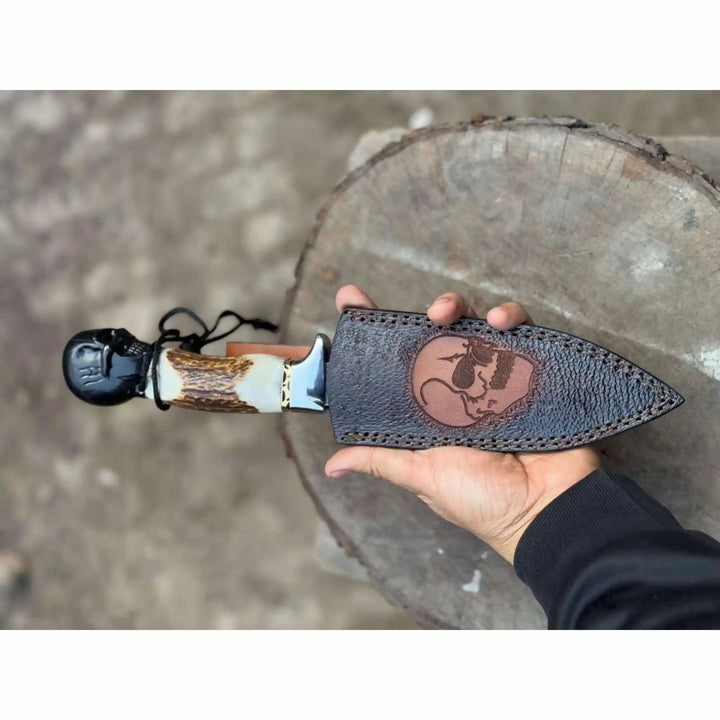 Handmade Damascus Hunting Knife with Stag Antler Handle &amp; Custom Leather Sheath handmade Damascus Bowie Knives by JW SteelCrafts