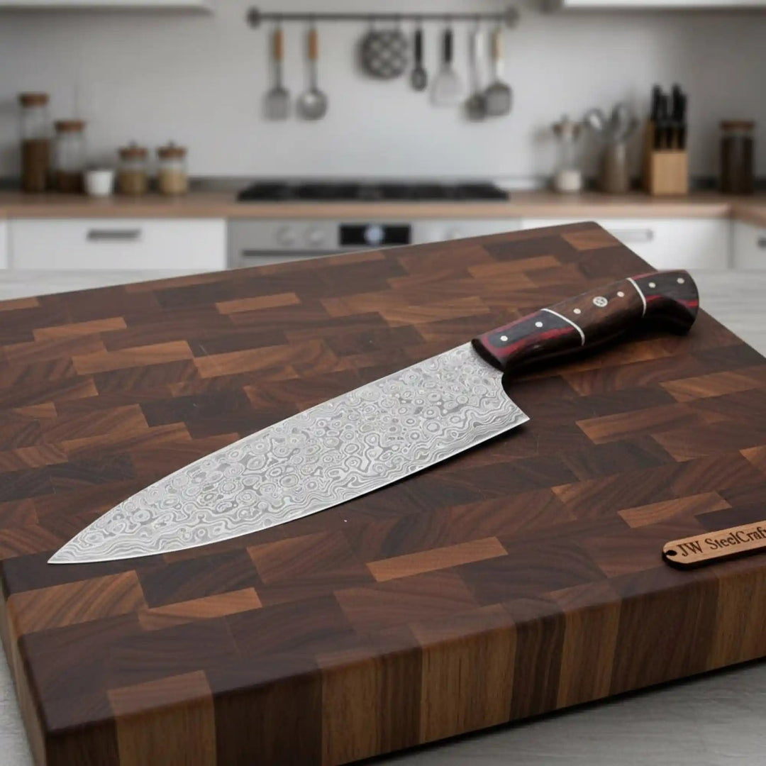 Handmade Damascus Kiritsuke Chef Knife, Full Tang Japanese Kitchen Knife with Raindrop Pattern Blade, Red and Black Pakka Wood and Rosewood Handle, Professional Cooking handmade Damascus Steel Chef Knives by JW SteelCrafts