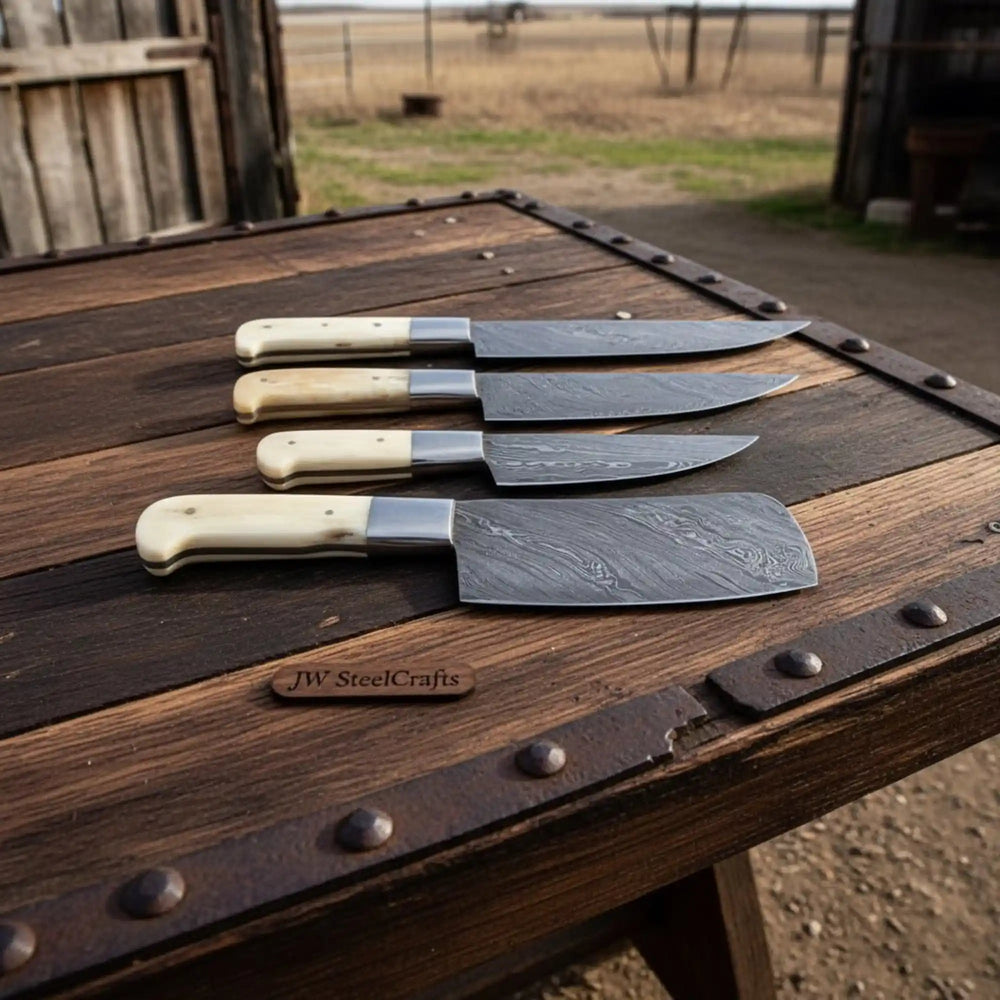 Handmade Damascus Kitchen Knife Set of 4, White Bone Handle Chef Knife Collection, Full Tang Forged Damascus Steel Cooking Knife Set, Custom Culinary Gift Set handmade Handmade Chef Knife Sets by JW SteelCrafts