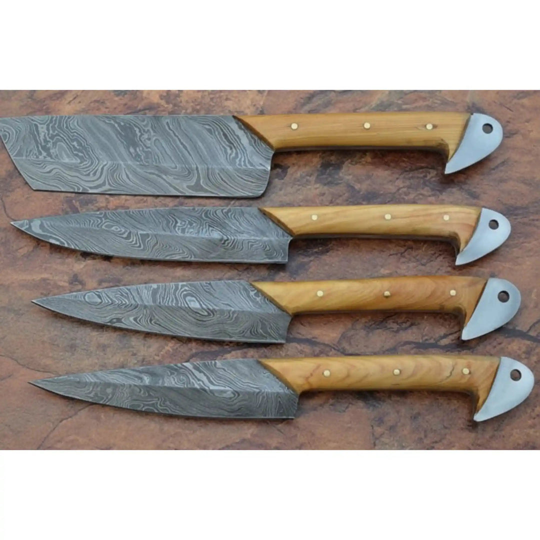 Handmade Damascus Kitchen Knife Set of 4 with Natural Wood Handles, Full Tang Chef, Cleaver, Slicing and Utility Knives, Forged Damascus Steel Culinary Collection JW SteelCrafts handmade Handmade Chef Knife Sets by JW SteelCrafts