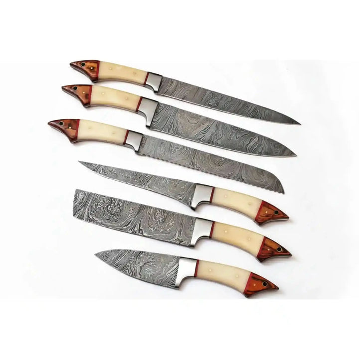 Knife Set of 6, Full Tang Forged Chef, Bread, Fillet and Utility Knives with White Bone and Red Wood Handles, Leather Roll Kit Included handmade Handmade Chef Knife Sets