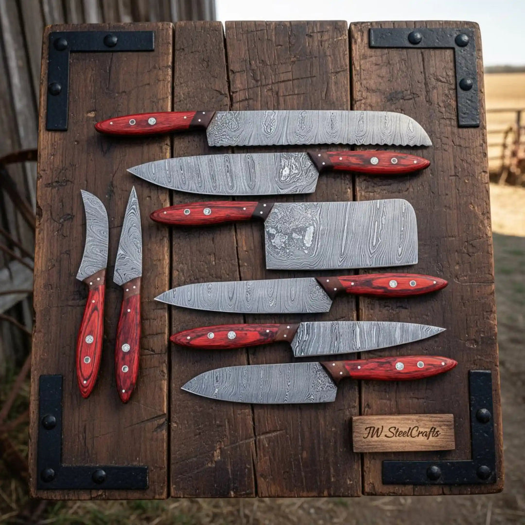 Handmade Damascus Kitchen Knife Set of 8 with Red Pakka Wood Handles, Full Tang Chef Santoku Cleaver Bread Utility and Paring Knives, Forged Damascus Steel JW SteelCrafts handmade Handmade Chef Knife Sets by JW SteelCrafts