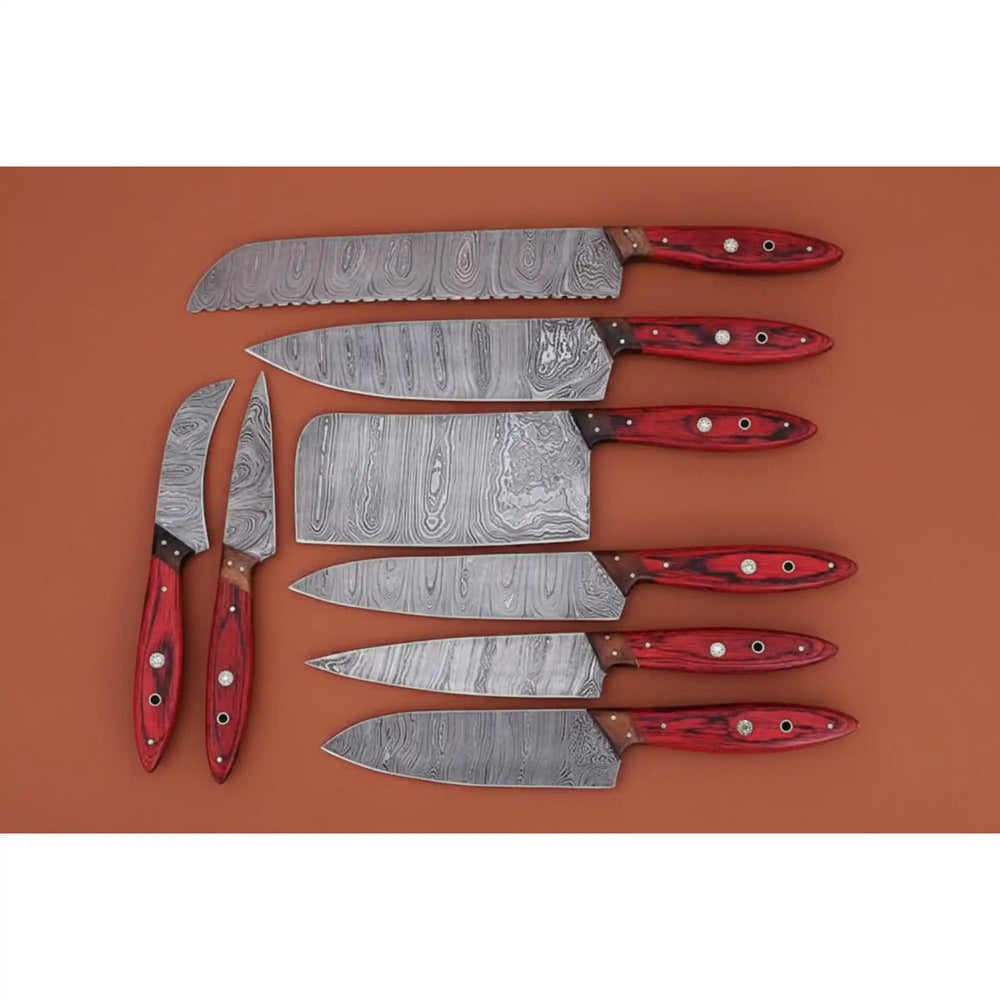 Handmade Damascus Kitchen Knife Set of 8 with Red Pakka Wood Handles, Full Tang Chef Santoku Cleaver Bread Utility and Paring Knives, Forged Damascus Steel JW SteelCrafts handmade Handmade Chef Knife Sets by JW SteelCrafts