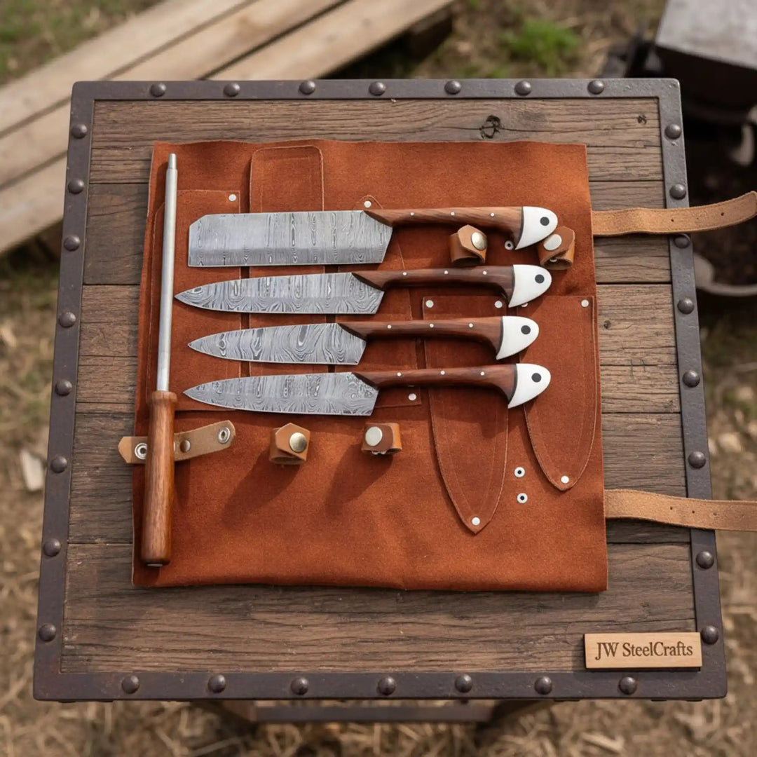 Handmade Damascus Kitchen Knife Set with Leather Roll and Sharpening Rod Rose Wood Handle Professional Chef Knife Collection JW SteelCrafts handmade Handmade Chef Knife Sets by JW SteelCrafts