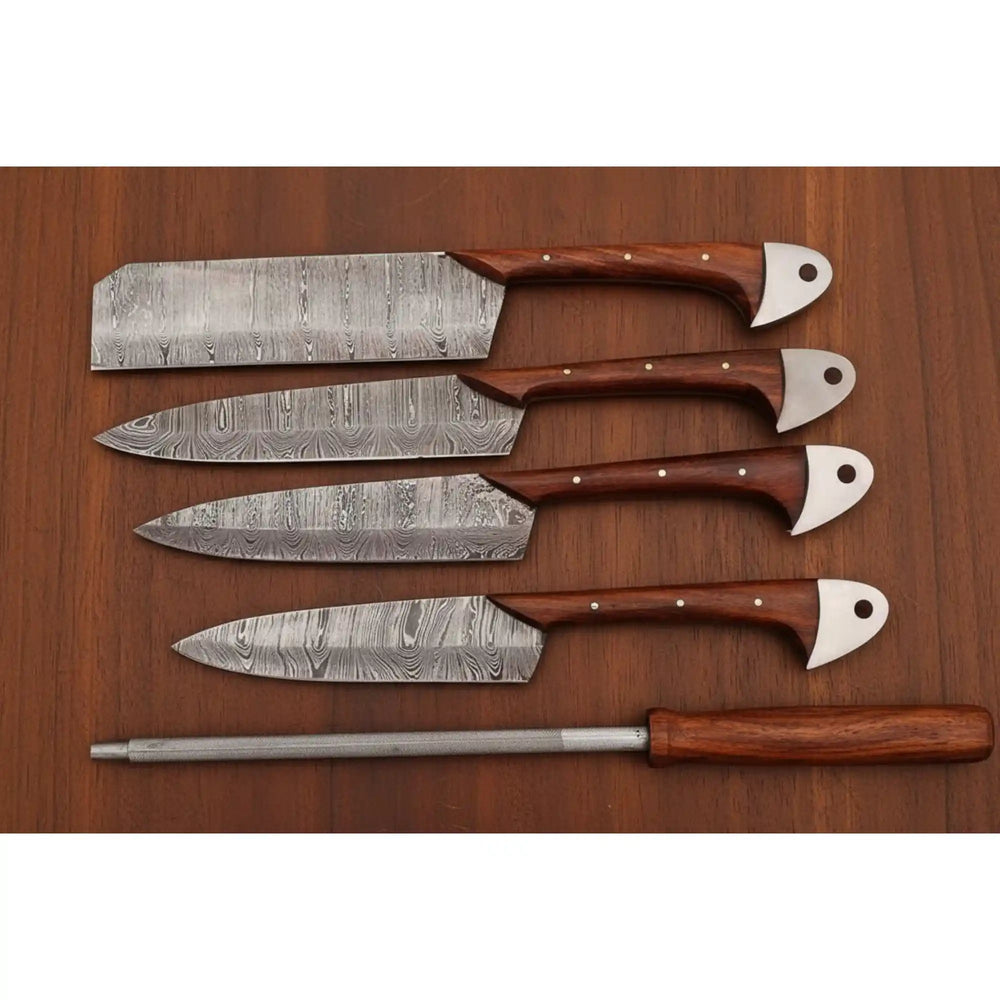 Handmade Damascus Kitchen Knife Set with Leather Roll and Sharpening Rod Rose Wood Handle Professional Chef Knife Collection JW SteelCrafts handmade Handmade Chef Knife Sets by JW SteelCrafts