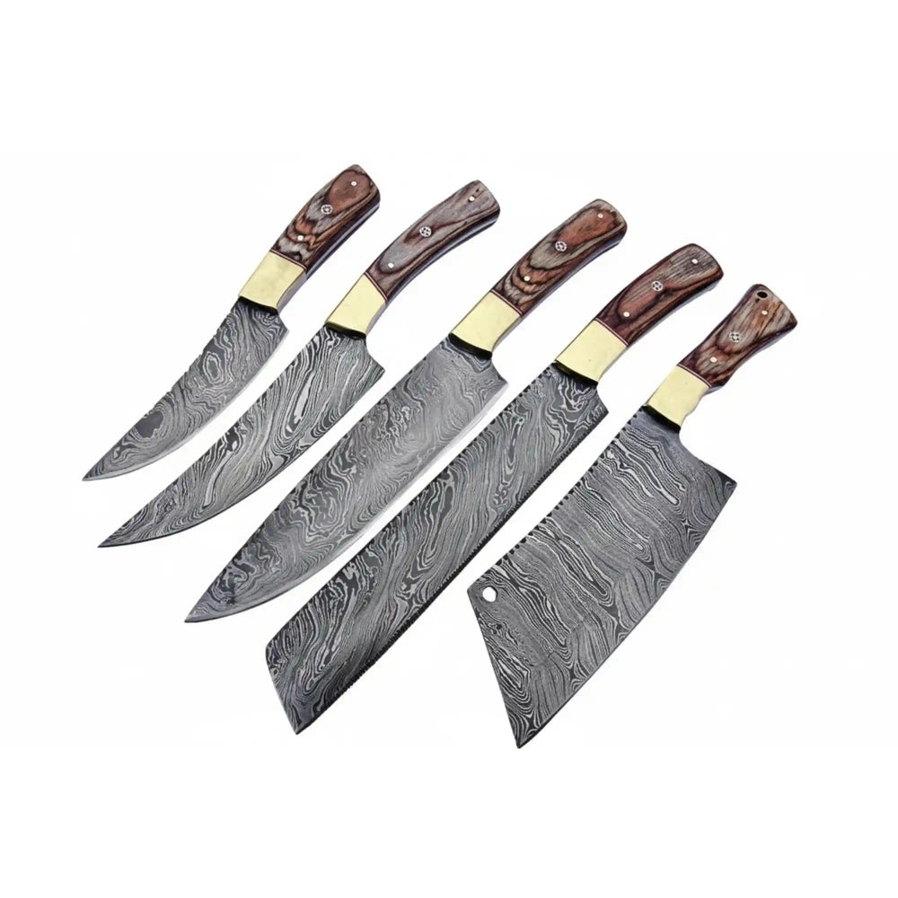 Handmade Damascus Kitchen Knife Set with Wooden Handles, Full Tang Chef Santoku Cleaver Utility and Paring Knives, Forged Damascus Steel Culinary Collection JW SteelCrafts handmade Handmade Chef Knife Sets by JW SteelCrafts