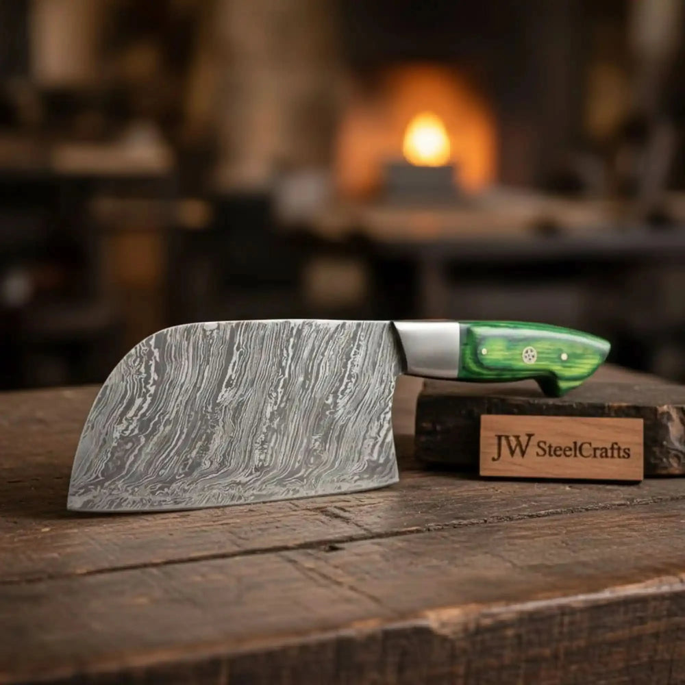 Handmade Damascus Nakiri Chef Knife with Wide Vegetable Blade, Green Pakka Wood Handle, Full Tang Kitchen Knife, JW SteelCrafts handmade Cleaver Knives by JW SteelCrafts