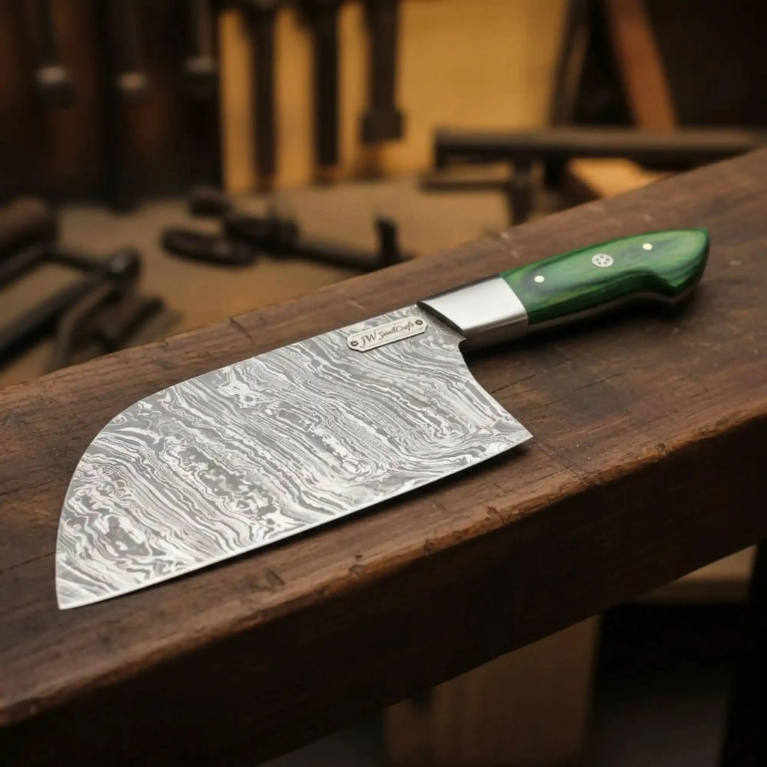 Handmade Damascus Nakiri Chef Knife with Wide Vegetable Blade, Green Pakka Wood Handle, Full Tang Kitchen Knife, JW SteelCrafts handmade Cleaver Knives by JW SteelCrafts