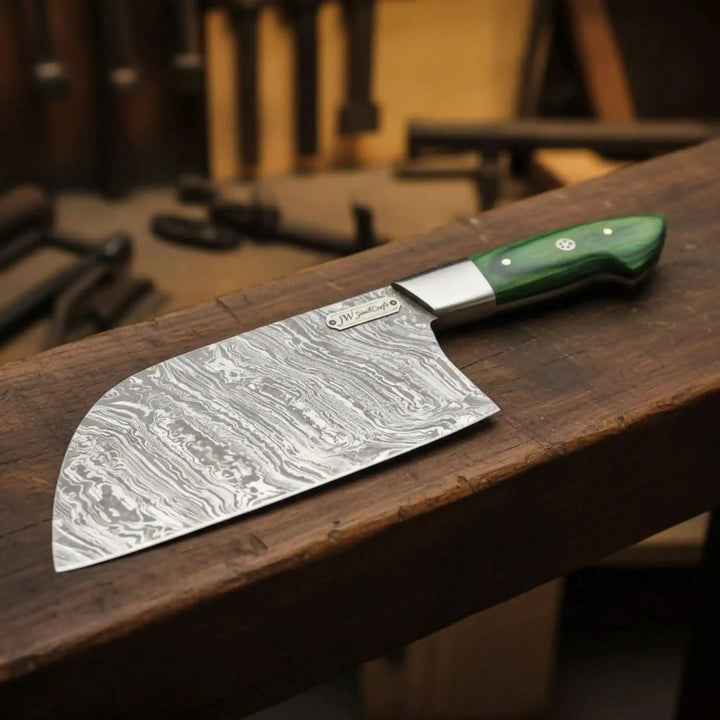 Handmade Damascus Nakiri Chef Knife with Wide Vegetable Blade, Green Pakka Wood Handle, Full Tang Kitchen Knife, JW SteelCrafts handmade Cleaver Knives by JW SteelCrafts