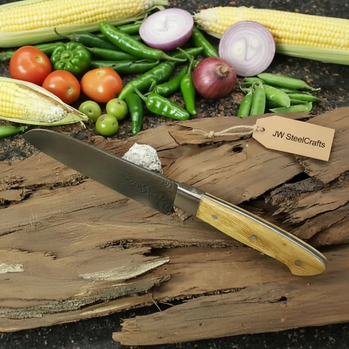 Handmade Damascus Santoku Knife, Full Tang Japanese Kitchen Knife with Olive Wood Handle and Steel Bolster, Forged Damascus Steel Chef Knife, JW SteelCrafts handmade Santoku Knife by JW SteelCrafts