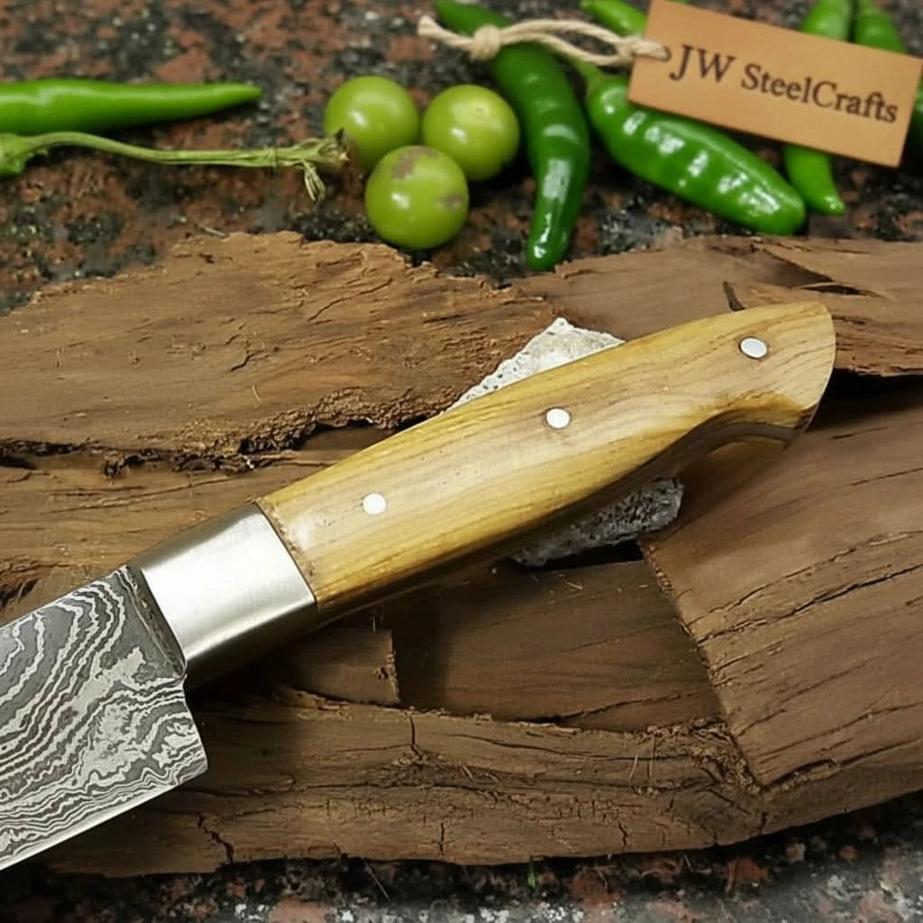 Handmade Damascus Santoku Knife, Full Tang Japanese Kitchen Knife with Olive Wood Handle and Steel Bolster, Forged Damascus Steel Chef Knife, JW SteelCrafts handmade Santoku Knife by JW SteelCrafts