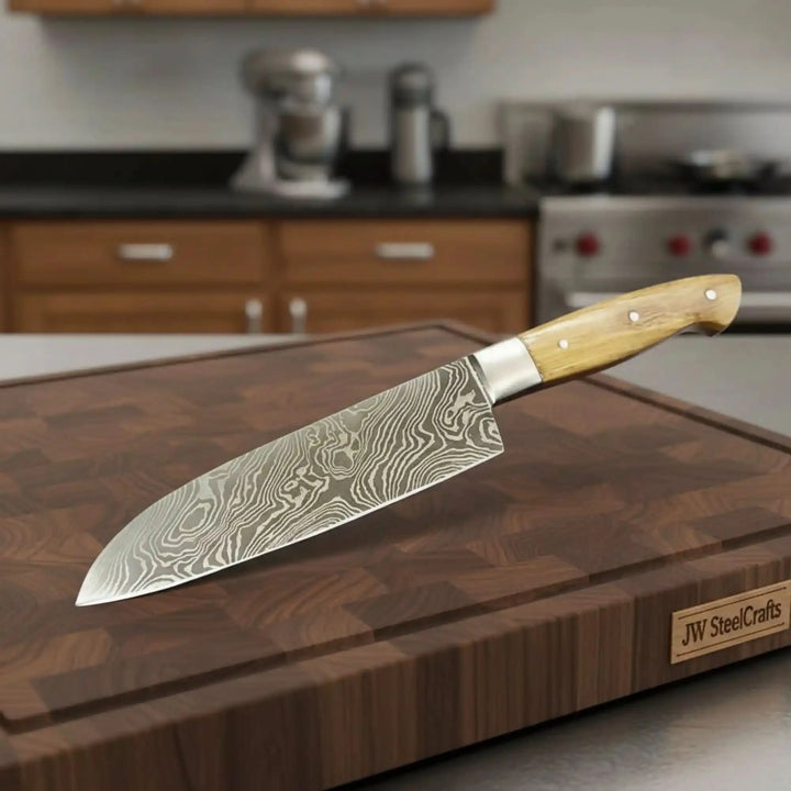 Handmade Damascus Santoku Knife, Full Tang Japanese Kitchen Knife with Olive Wood Handle and Steel Bolster, Forged Damascus Steel Chef Knife, JW SteelCrafts handmade Santoku Knife by JW SteelCrafts
