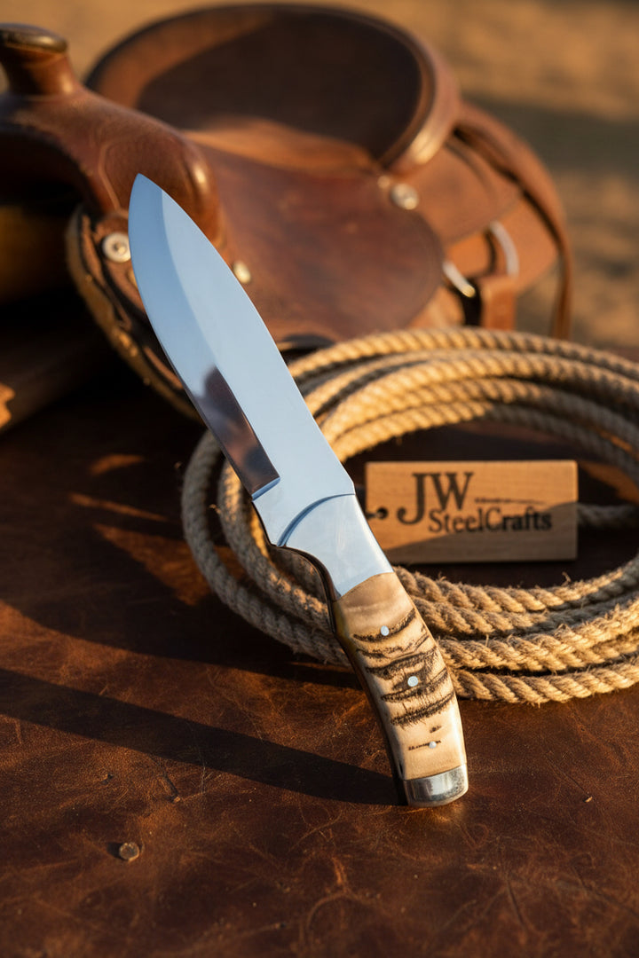 Handmade Damascus Skinner Bowie Knife With Leather Sheath On A Wooden Stump