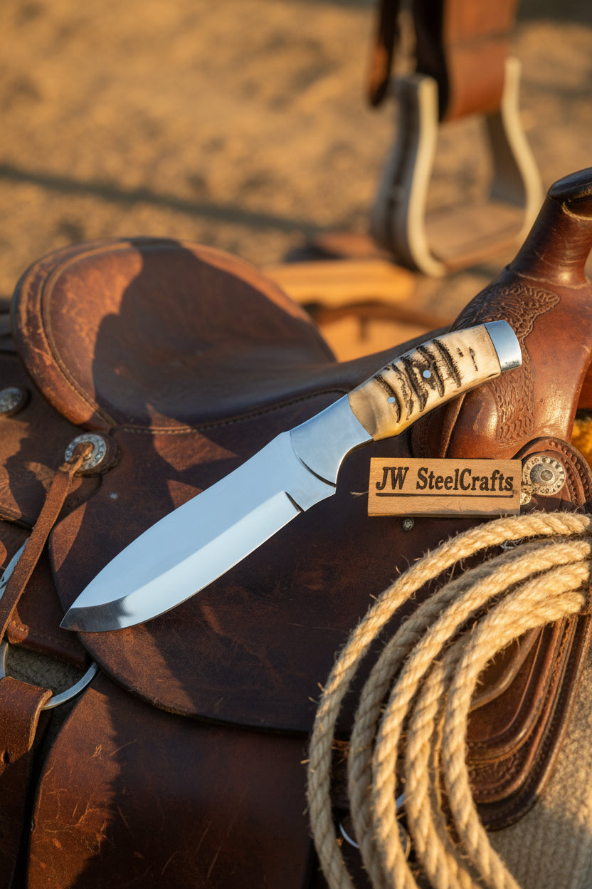 Handmade Damascus Skinner Bowie Knife With Leather Sheath On A Wooden Stump Outdoor