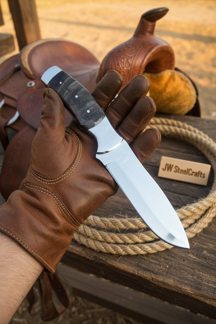 Handmade Damascus Skinner Bowie Knife Hand Holding A Knife With A Wooden Background Featuring A Saddle And Rope