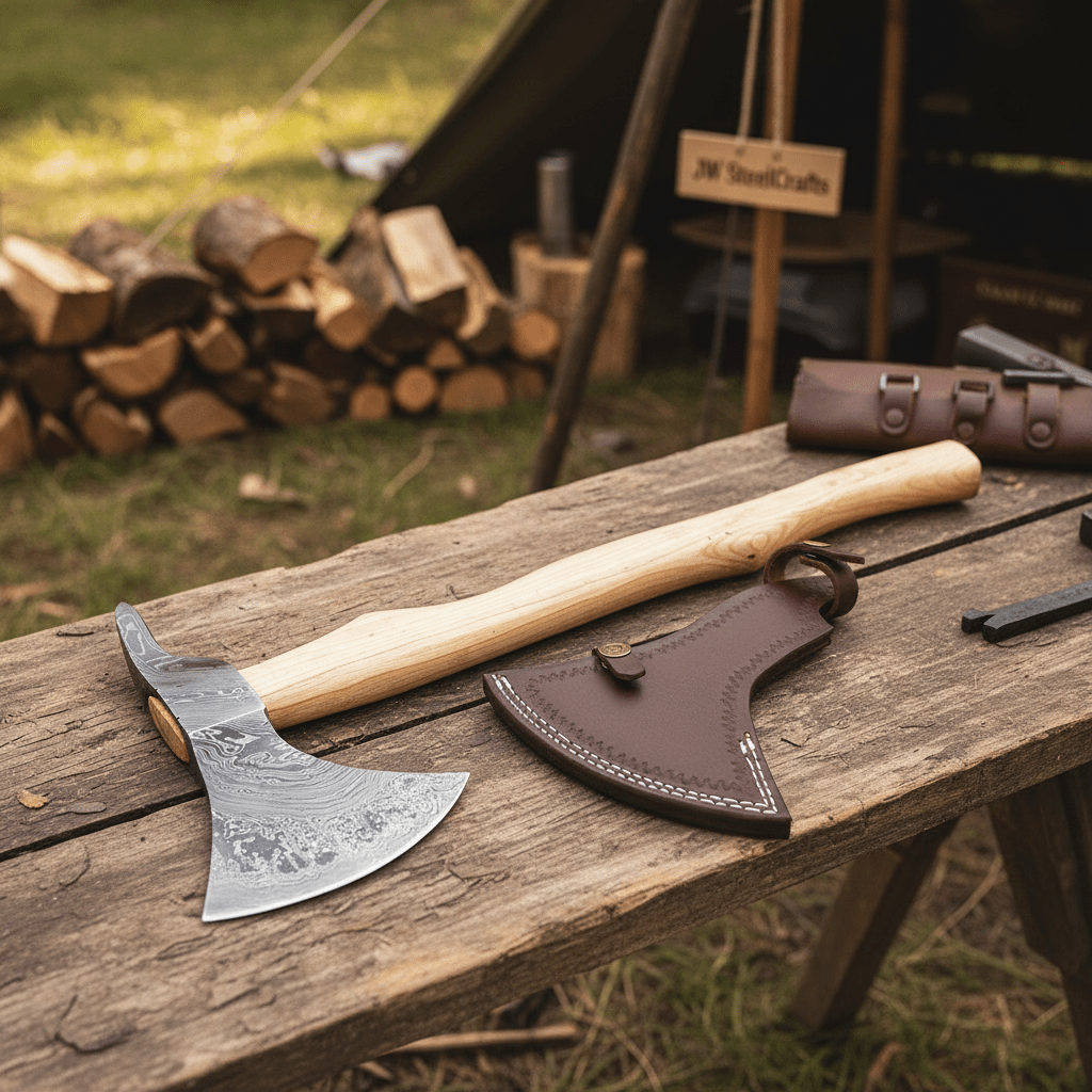 Damascus Bearded Spike Axe with Ash Wood Handle and Leather Sheath | JW ...