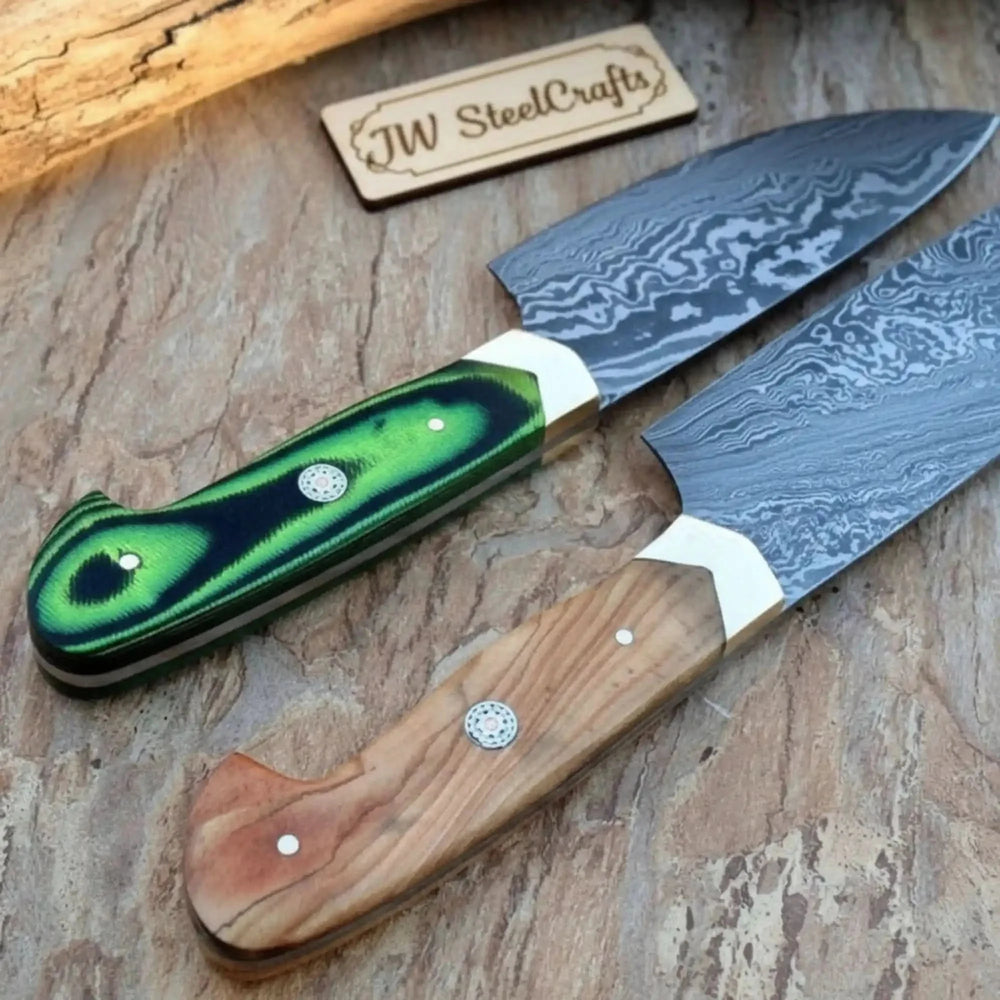 Handmade Damascus Steel Chef Knife Set Two Knives With Green And Wooden Handles On A Stone Surface