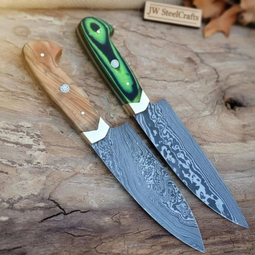 Handmade Damascus Steel Chef Knife Set Two Knives With Decorative Blades On A Wooden Surface.
