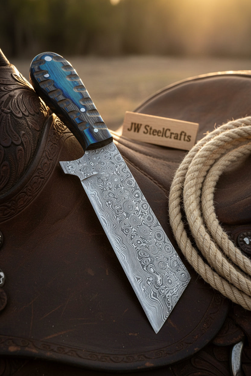 Handmade Damascus Steel Cowboy Bull Cutter  Decorative Knife With A Blue Handle On A Leather Surface Next To A Rope