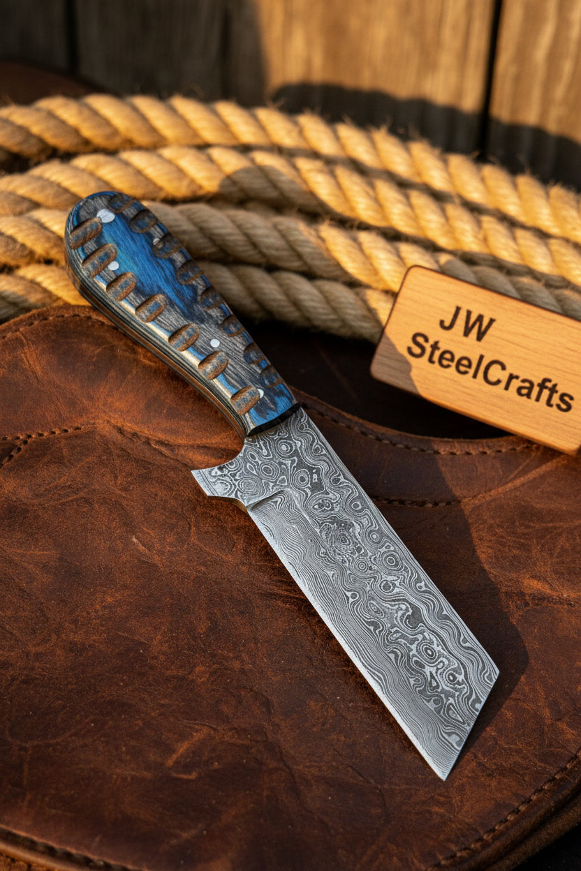 Handmade Damascus Steel Cowboy Bull Cutter Knife Decorative  Blue Handle On Brown Leather Surface