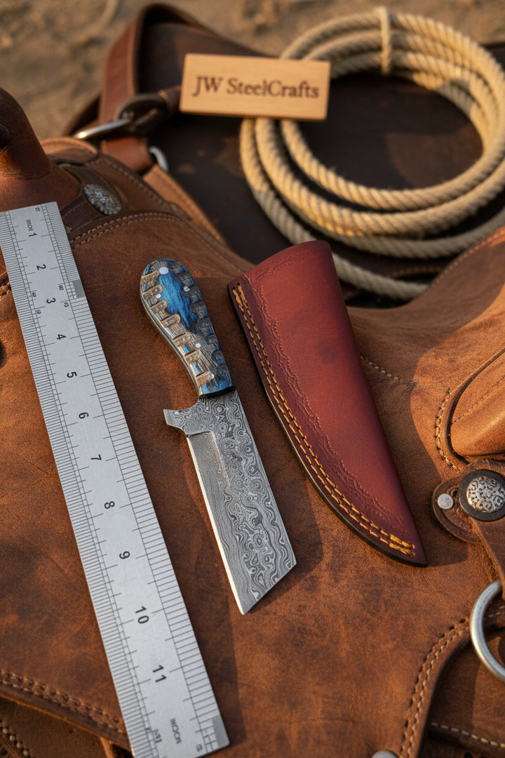 Handmade Damascus Steel Cowboy Bull Cutter Knife With Brown Sheath On A Leather Sheet