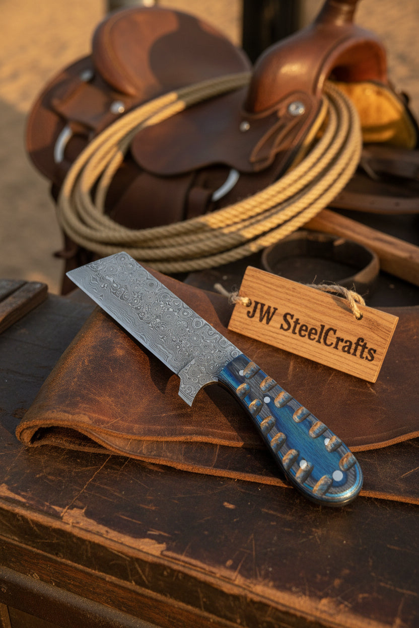 Handmade Damascus Steel Cowboy Bull Cutter  Knife With Blue Handle On A Leather Surface With Saddle In The Background