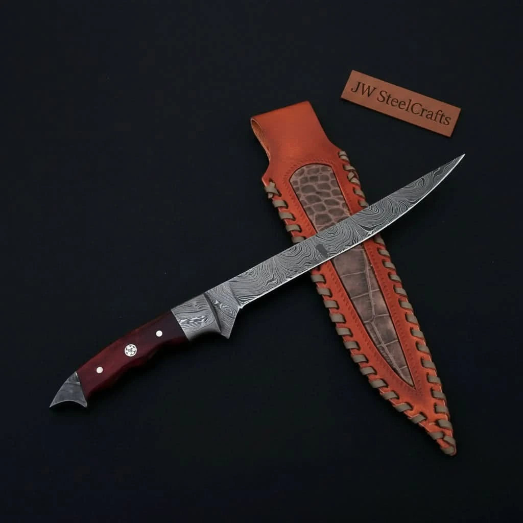 Handmade Damascus Steel Fillet Knife – 13 Inch Overall, 6 Inch Flexible Blade, Full Tang Fishing Knife with Hardwood Handle and Leather Sheath, Professional Fish Filleting Knife, JW SteelCrafts handmade Handmade Fillet Knives by JW SteelCrafts