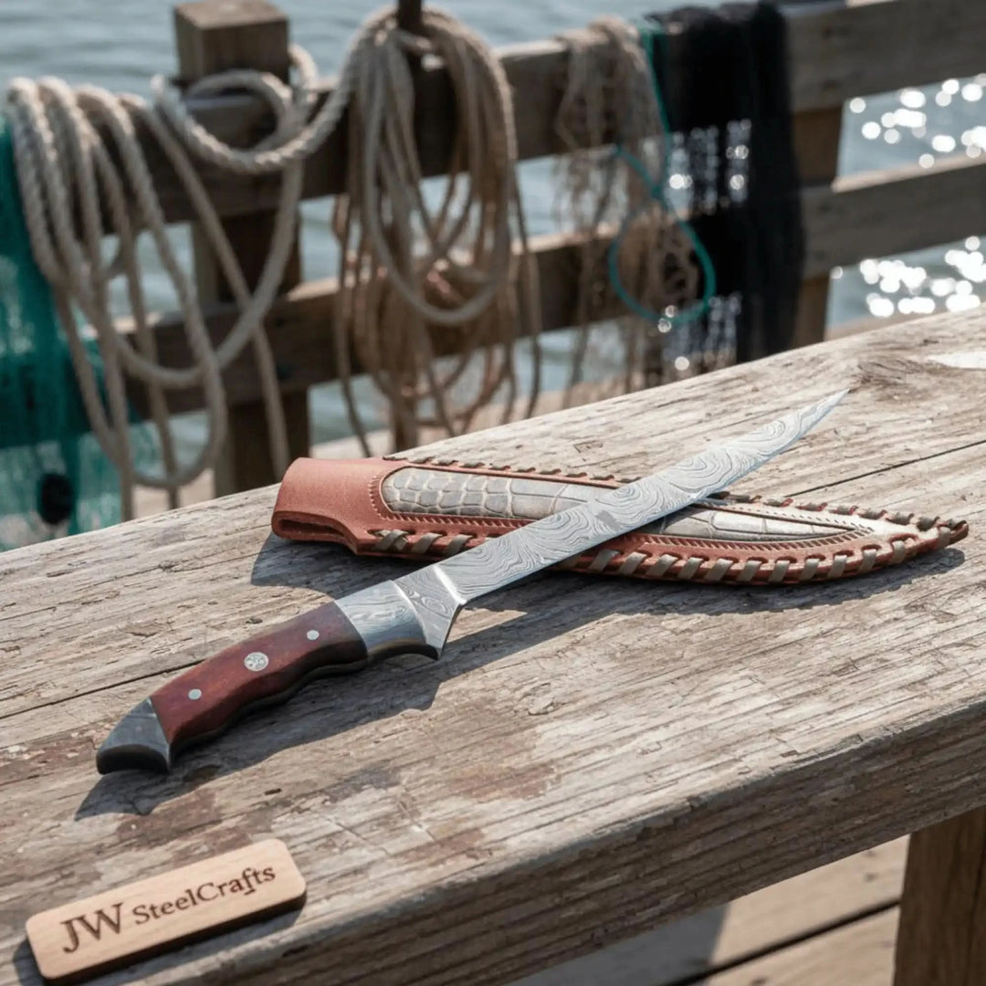 Handmade Damascus Steel Fillet Knife – 13 Inch Overall, 6 Inch Flexible Blade, Full Tang Fishing Knife with Hardwood Handle and Leather Sheath, Professional Fish Filleting Knife, JW SteelCrafts handmade Handmade Fillet Knives by JW SteelCrafts