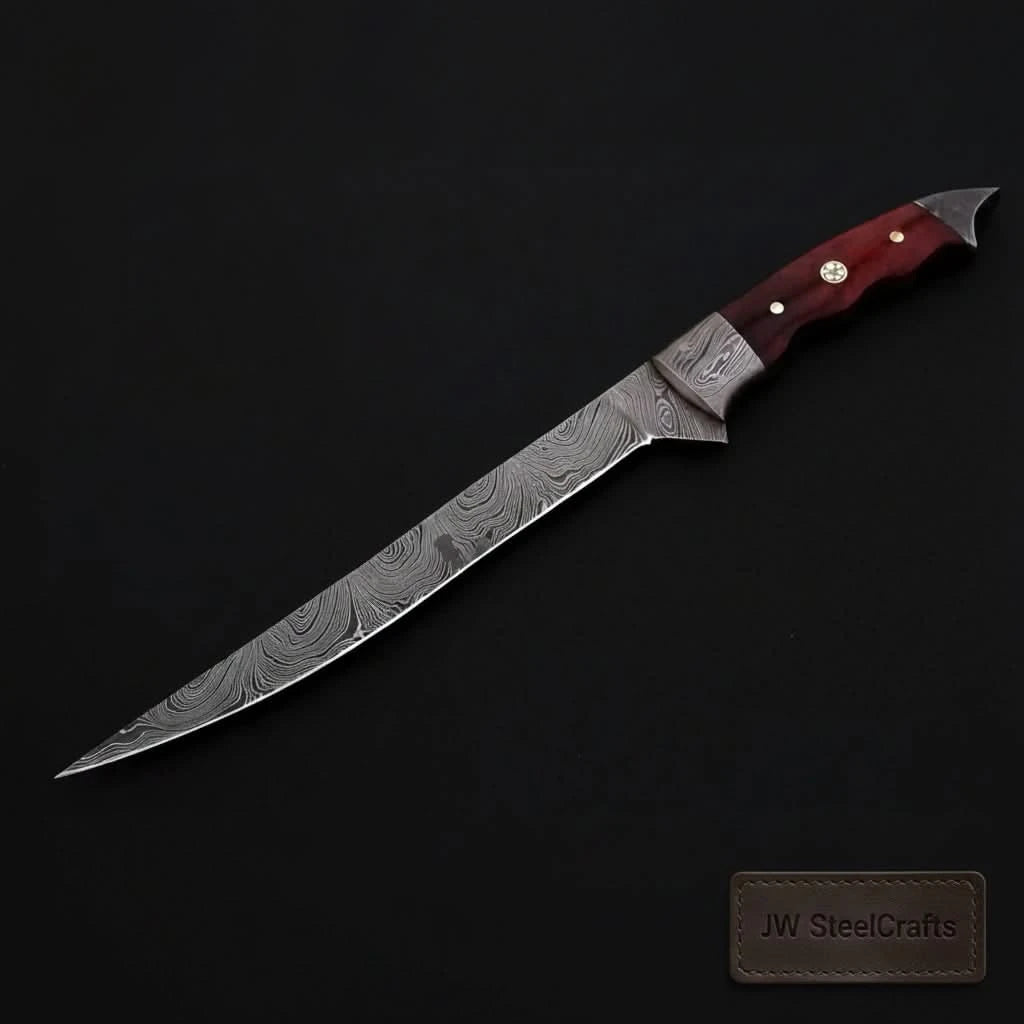 Handmade Damascus Steel Fillet Knife – 13 Inch Overall, 6 Inch Flexible Blade, Full Tang Fishing Knife with Hardwood Handle and Leather Sheath, Professional Fish Filleting Knife, JW SteelCrafts handmade Handmade Fillet Knives by JW SteelCrafts