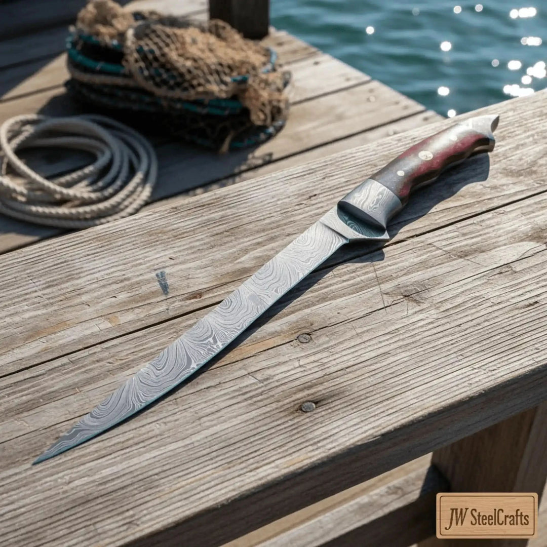 Handmade Damascus Steel Fillet Knife – 13 Inch Overall, 6 Inch Flexible Blade, Full Tang Fishing Knife with Hardwood Handle and Leather Sheath, Professional Fish Filleting Knife, JW SteelCrafts handmade Handmade Fillet Knives by JW SteelCrafts
