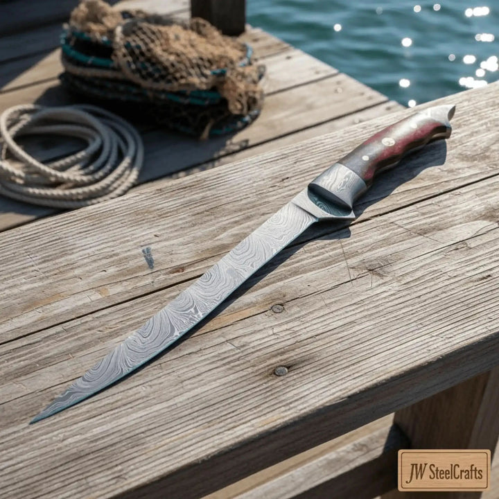 Handmade Damascus Steel Fillet Knife – 13 Inch Overall, 6 Inch Flexible Blade, Full Tang Fishing Knife with Hardwood Handle and Leather Sheath, Professional Fish Filleting Knife, JW SteelCrafts handmade Handmade Fillet Knives by JW SteelCrafts