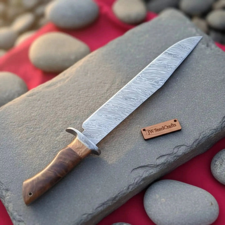 Handmade Damascus Steel Fixed Blade Hunting Knife With A Wooden Handle And &