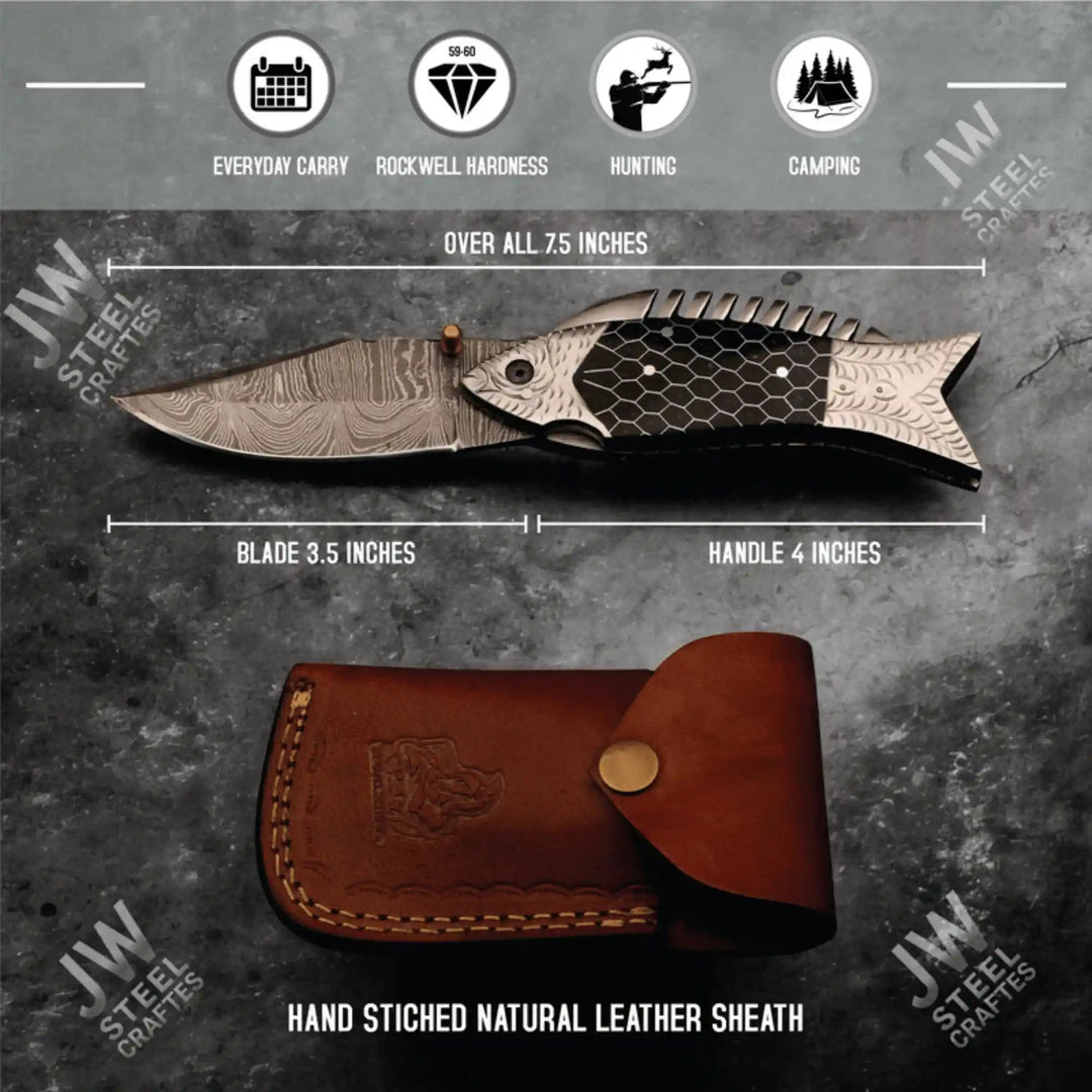 Handmade Damascus Steel Folding Knife – Black Honeycomb Handle, Engraved Bolster handmade Liner Lock Folder by JW SteelCrafts