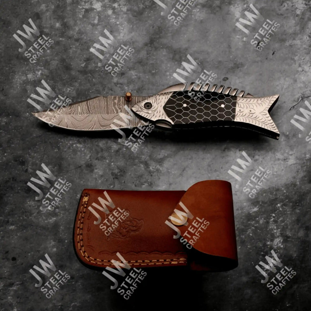 Handmade Damascus Steel Folding Knife – Black Honeycomb Handle, Engraved Bolster handmade Liner Lock Folder by JW SteelCrafts