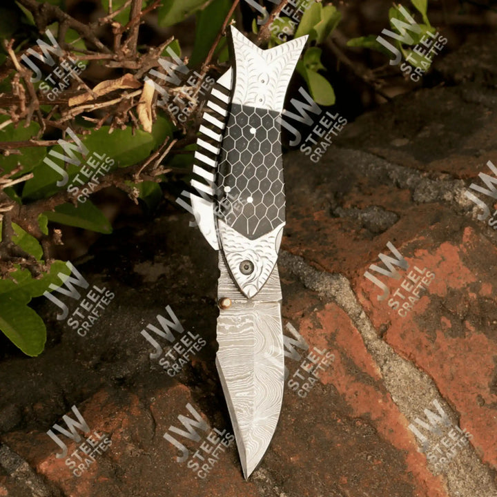 Handmade Damascus Steel Folding Knife – Black Honeycomb Handle, Engraved Bolster handmade Liner Lock Folder by JW SteelCrafts
