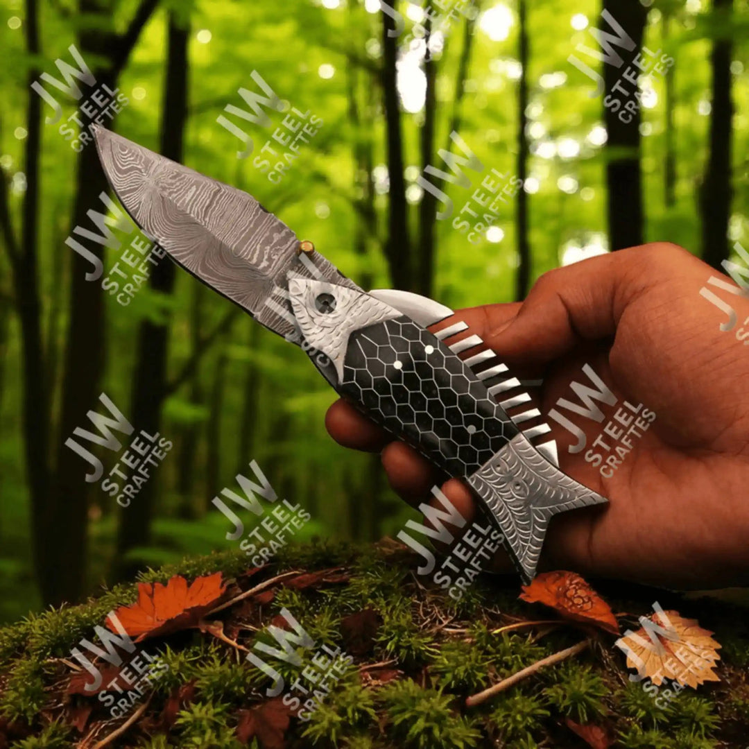 Handmade Damascus Steel Folding Knife – Black Honeycomb Handle, Engraved Bolster handmade Liner Lock Folder by JW SteelCrafts