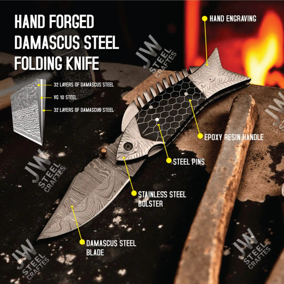 Handmade Damascus Steel Folding Knife – Black Honeycomb Handle, Engraved Bolster handmade Liner Lock Folder by JW SteelCrafts