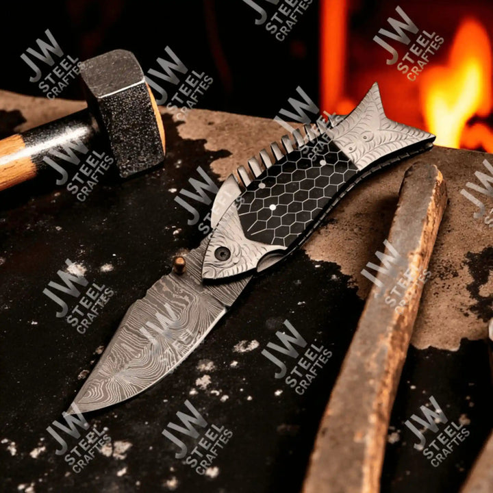 Handmade Damascus Steel Folding Knife – Black Honeycomb Handle, Engraved Bolster handmade Liner Lock Folder by JW SteelCrafts