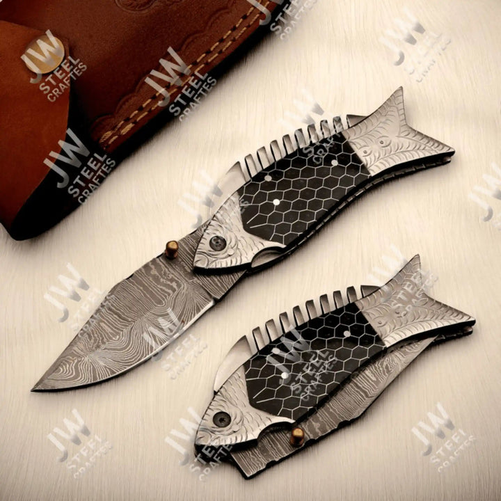 Handmade Damascus Steel Folding Knife – Black Honeycomb Handle, Engraved Bolster handmade Liner Lock Folder by JW SteelCrafts