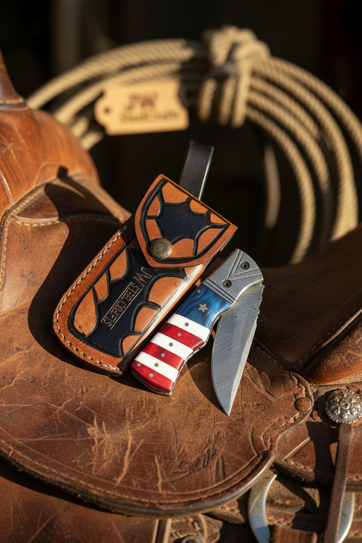 Custom Damascus Steel Folding Knife With Handmade Leather Sheath And Eye-Catching Flag Inspired Handle