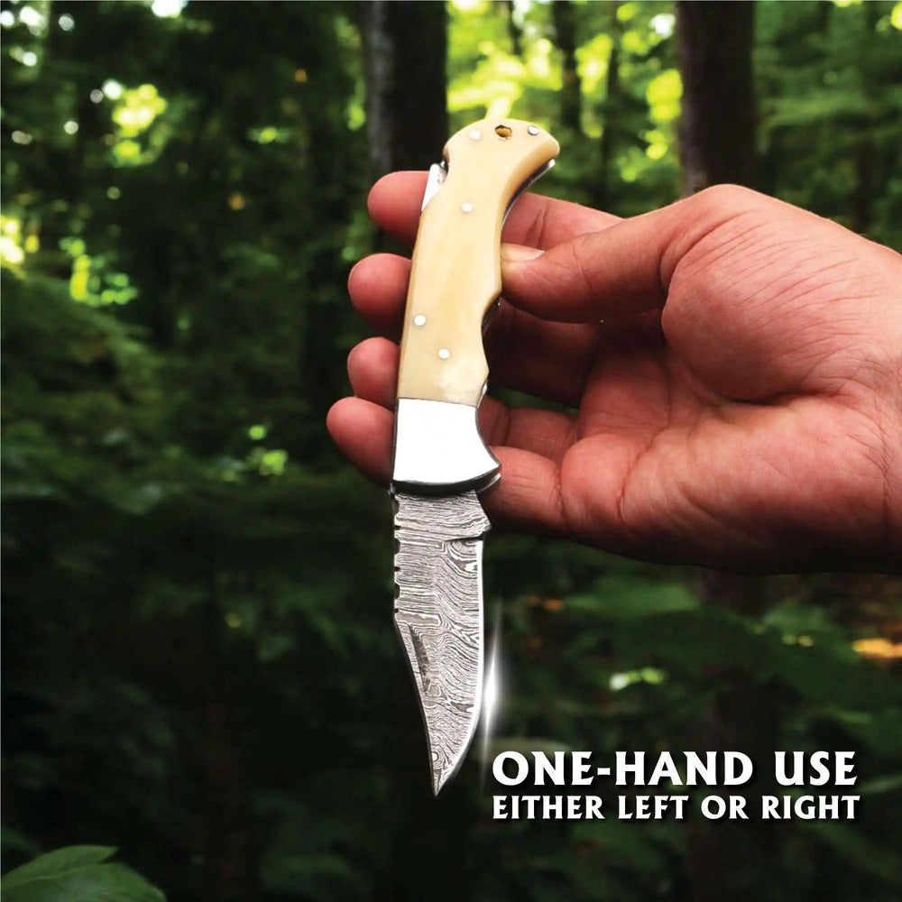Handmade Damascus Steel Folding Knife – Camel Bone Handle (5 Handle Options) handmade Back Lock Folder by JW SteelCrafts