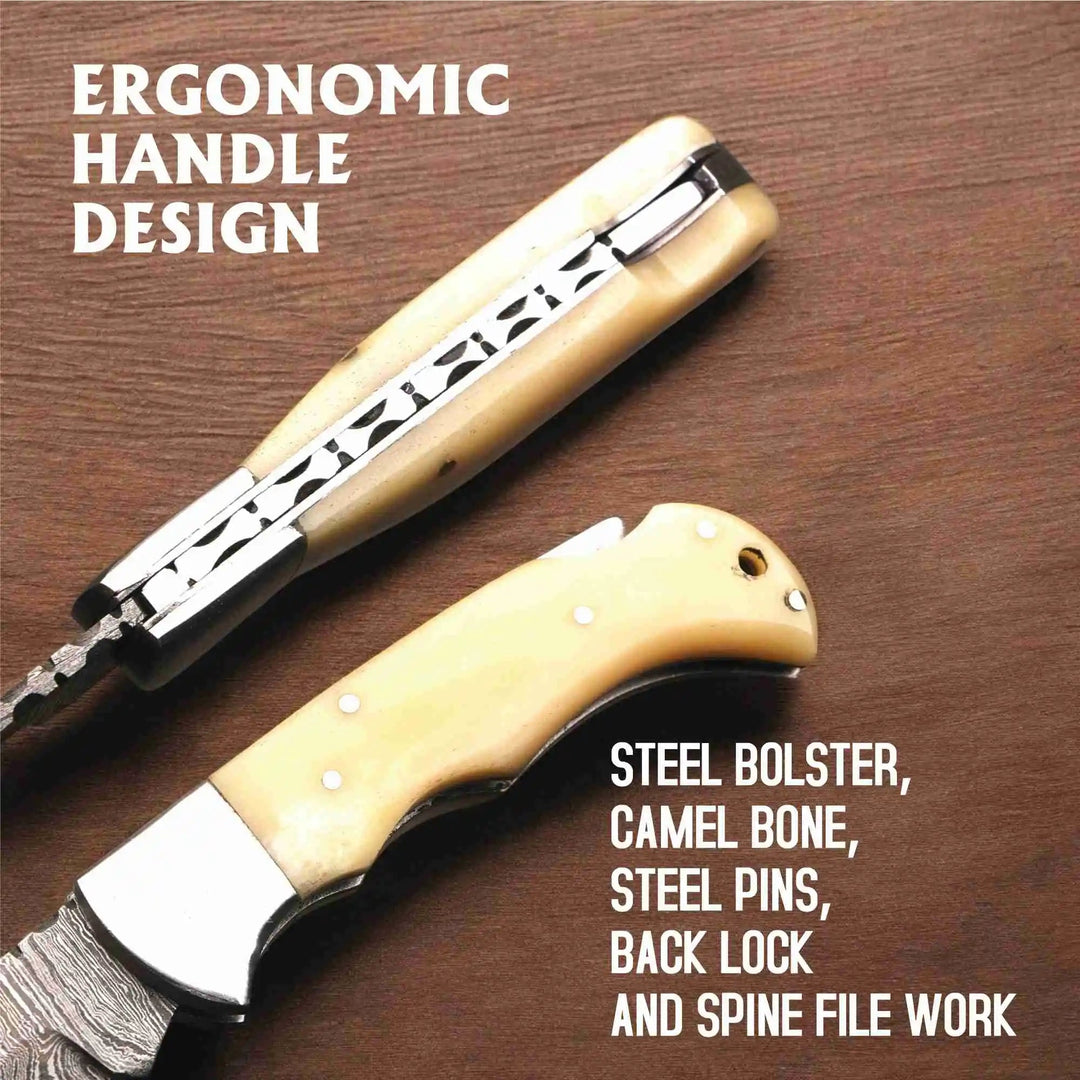 Handmade Damascus Steel Folding Knife – Camel Bone Handle (5 Handle Options) handmade Back Lock Folder by JW SteelCrafts