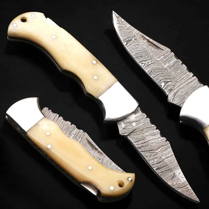 Handmade Damascus Steel Folding Knife – Camel Bone Handle (5 Handle Options) handmade Back Lock Folder by JW SteelCrafts