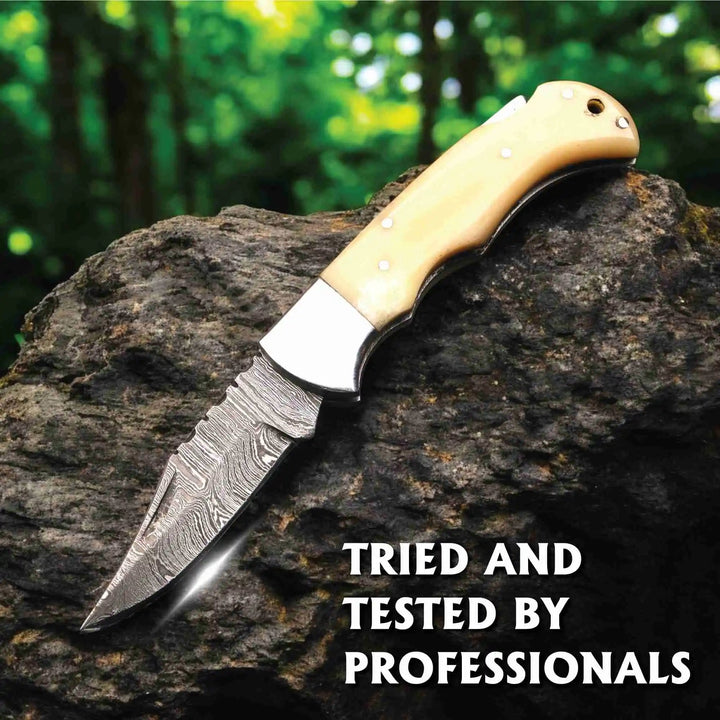 Handmade Damascus Steel Folding Knife – Camel Bone Handle (5 Handle Options) handmade Back Lock Folder by JW SteelCrafts
